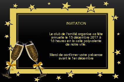 A golden invitation card, decorated with 2 glasses of champagne for a festive event.